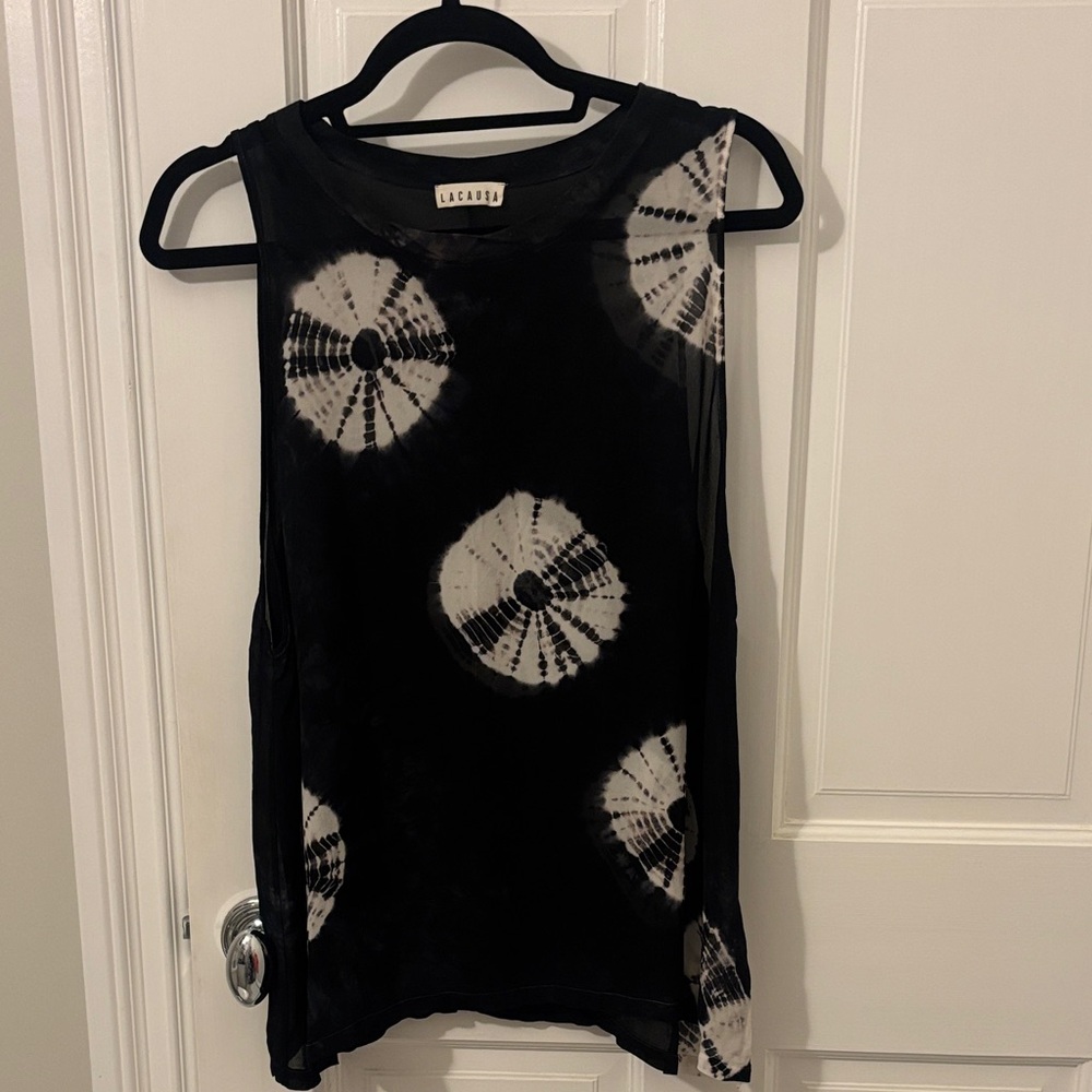 LACAUSA Tie-Dye Black and White Sheer Tank Top